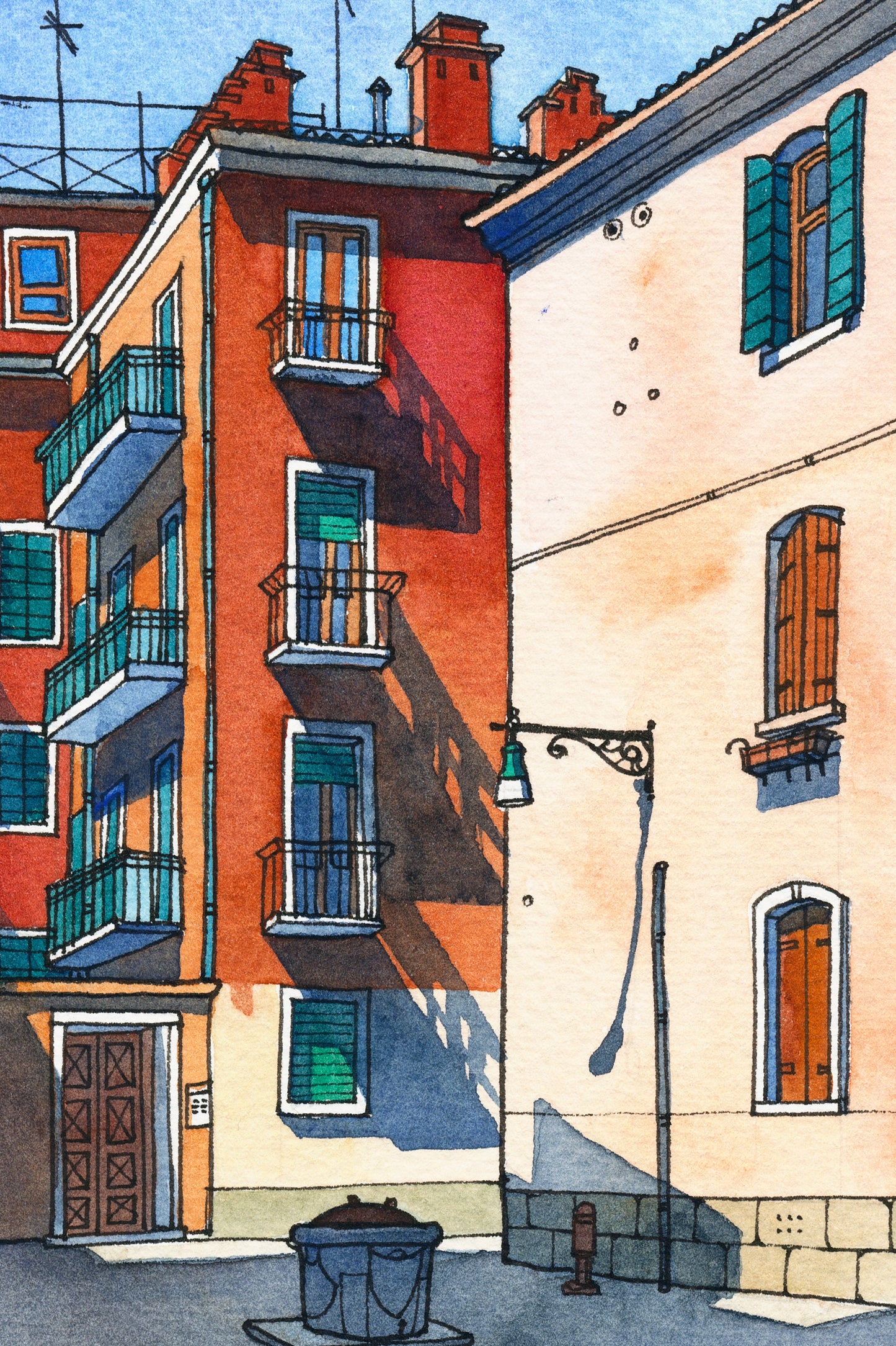 DEtail view of watercolor and ink Illustration of Ramo de le Muneghe in Venice, Italy