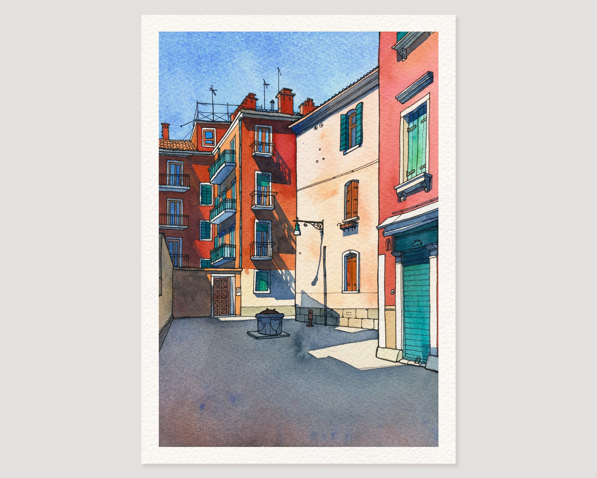 Watercolor and ink artwork of Ramo de le Muneghe in Venice, Italy