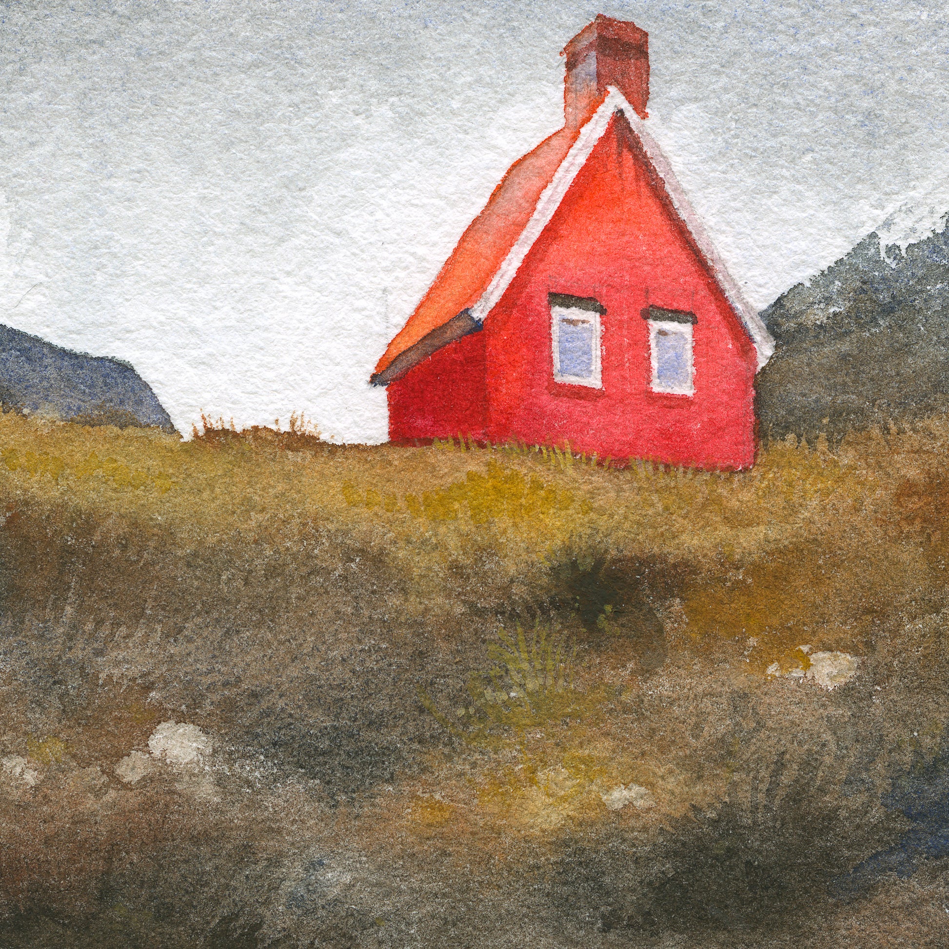 Detail of a watercolor painting featuring Red Cabin near Egilsstaðir, known locally as the Red Cabin of Fagridalur, stands along the road through East Iceland.