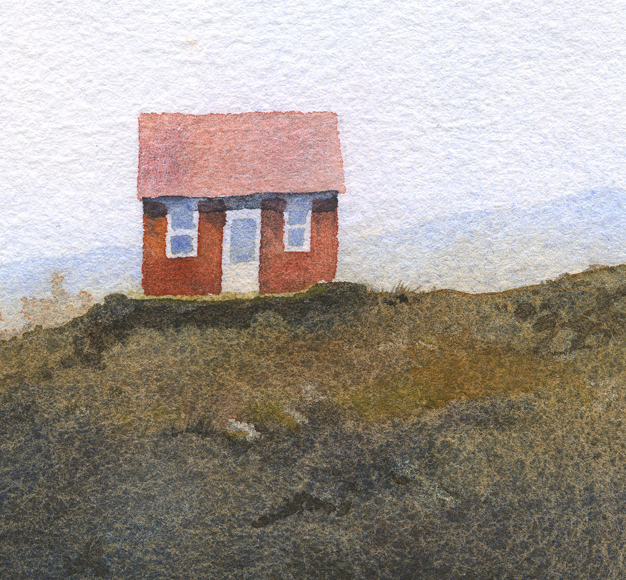 detail of a watercolor painting features a small red cabin, known locally as Ásgarður, sits among the hazy hills of rural Iceland.