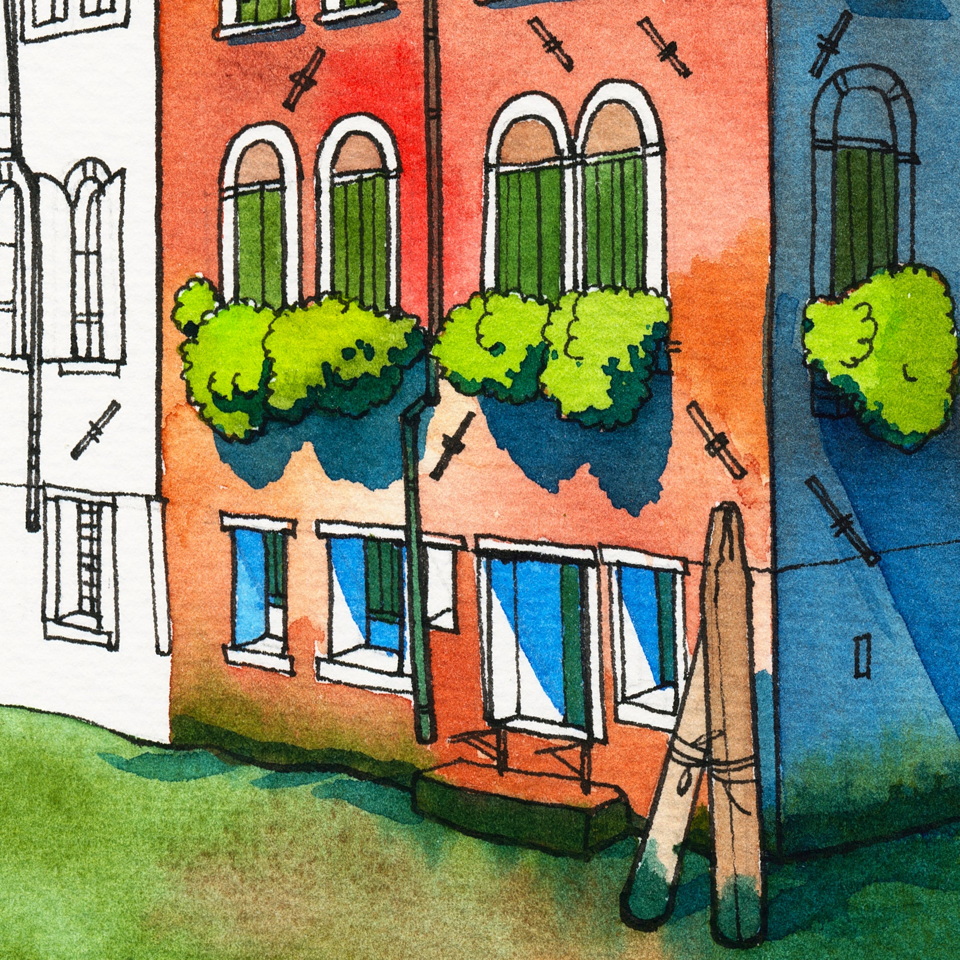Detail view of watercolor and ink Illustration of a historical building facade on Rio della Misericordia in Venice, Italy