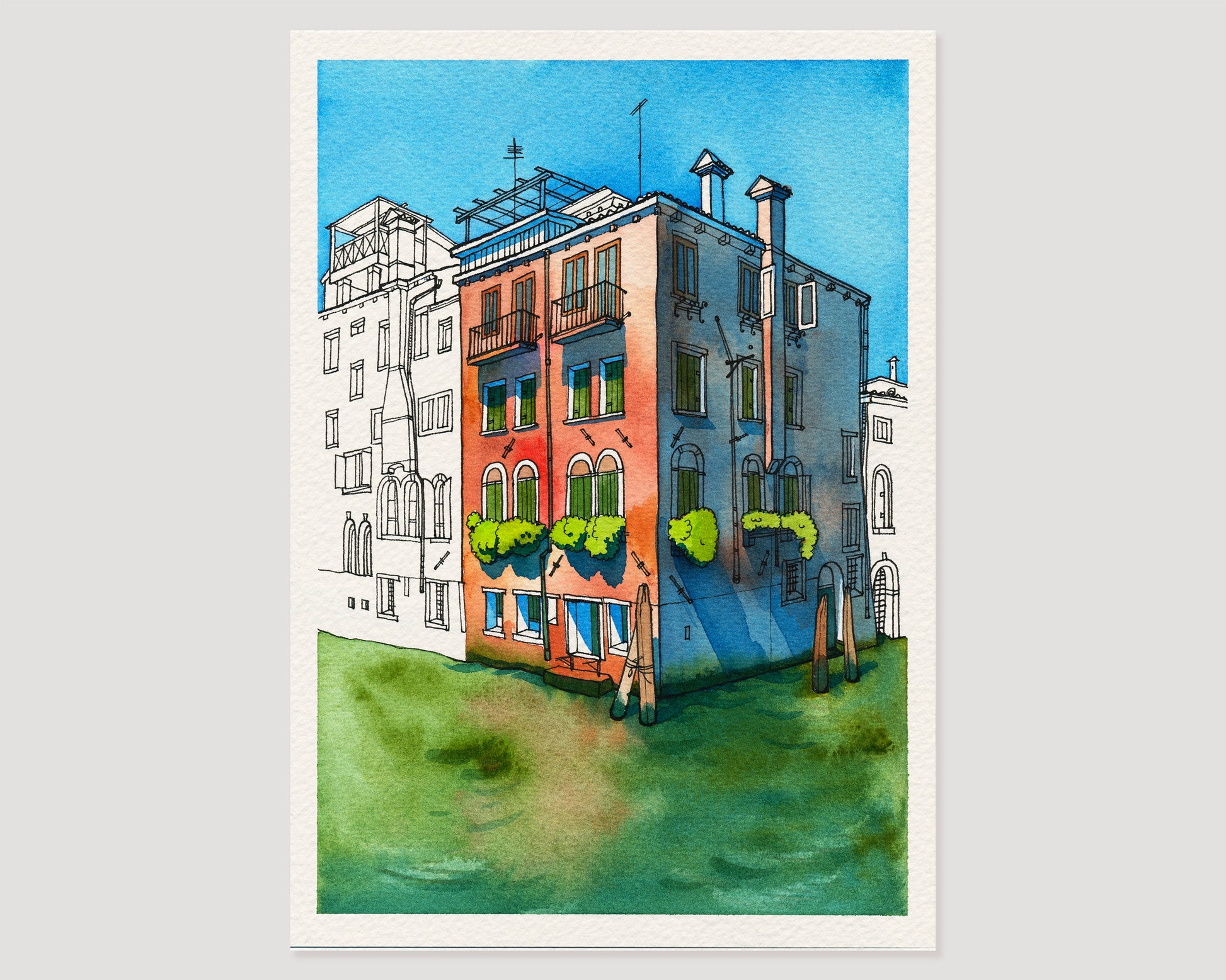 Watercolor and ink artwork of the historical building on Rio della Misericordia in Venice