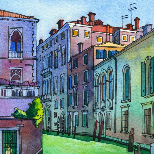 Detail of a Rio di San Polo in Venice scene watercolor and ink artwork