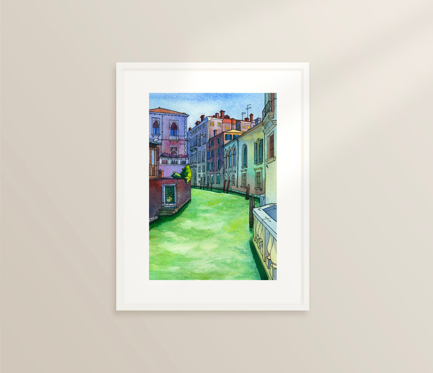Framed watercolor and ink artwork of of Rio di San Polo in Venice scene