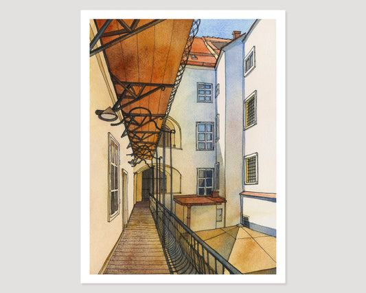 A watercolor and ink artwork featuring a historic wooden gallery walkway in Sackstrasse 14 courtyard in Graz, Austria, with blue-gray windows and a rust-brown awning, shown centered on a light gray background.