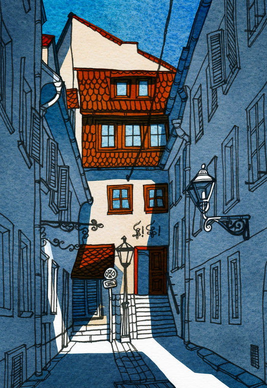 Detail of a watercolor and ink artwork, featuring narrow courtyard alley in Sackstrasse 40 in Graz, Austria