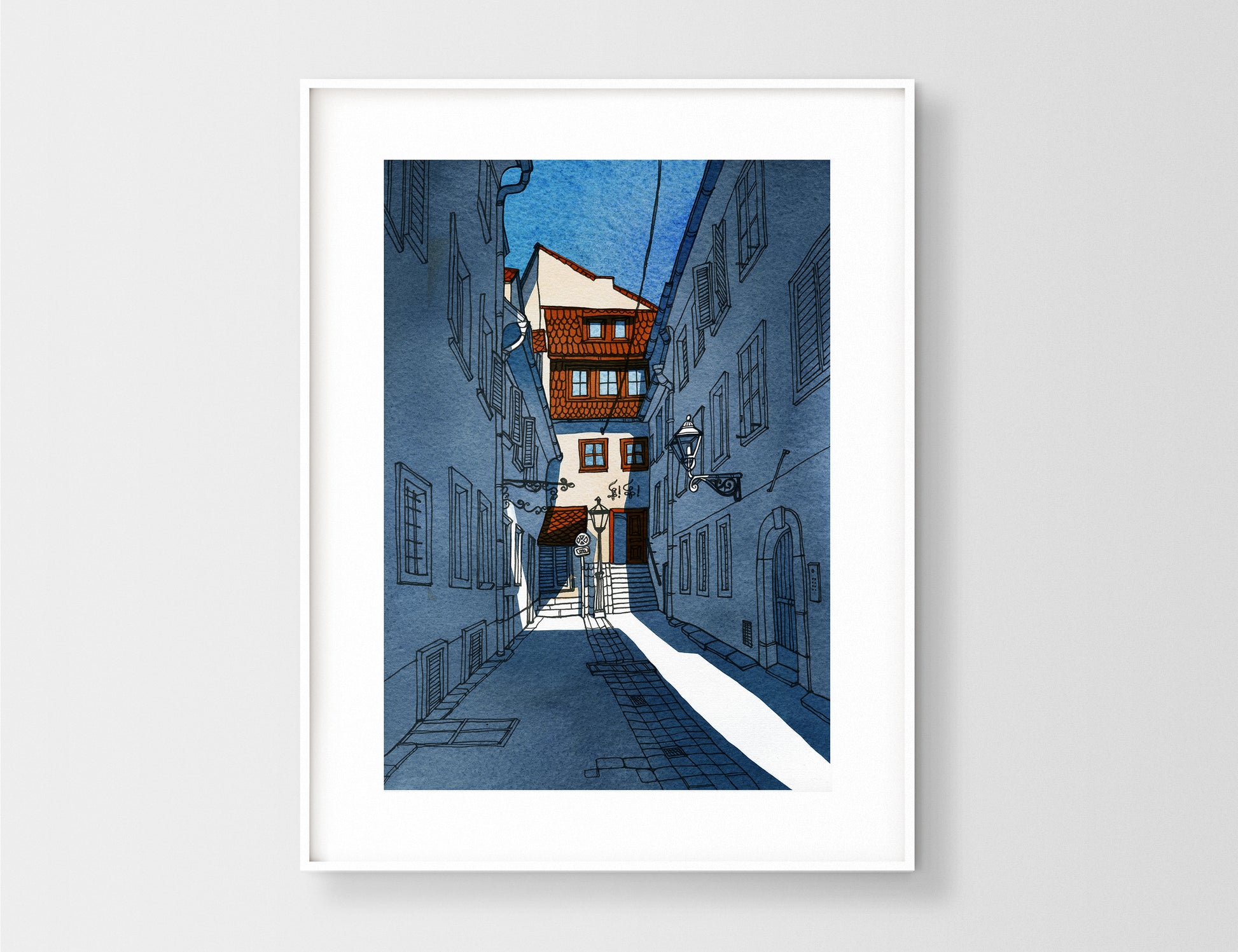 Framed watercolor and ink artwork, featuring narrow courtyard alley in Sackstrasse 40 in Graz, Austria, framed against a white background