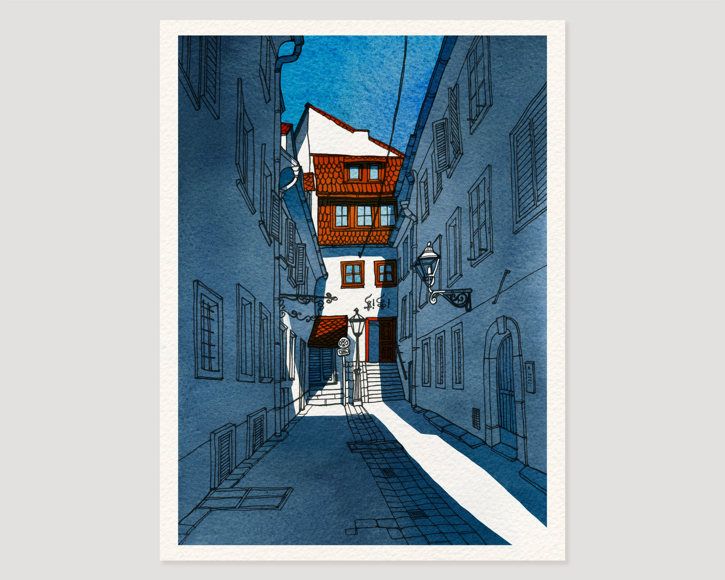 A vertical art print of a watercolor and ink artwork, featuring narrow courtyard alley in Sackstrasse 40 in Graz, Austria, shown against a light gray background