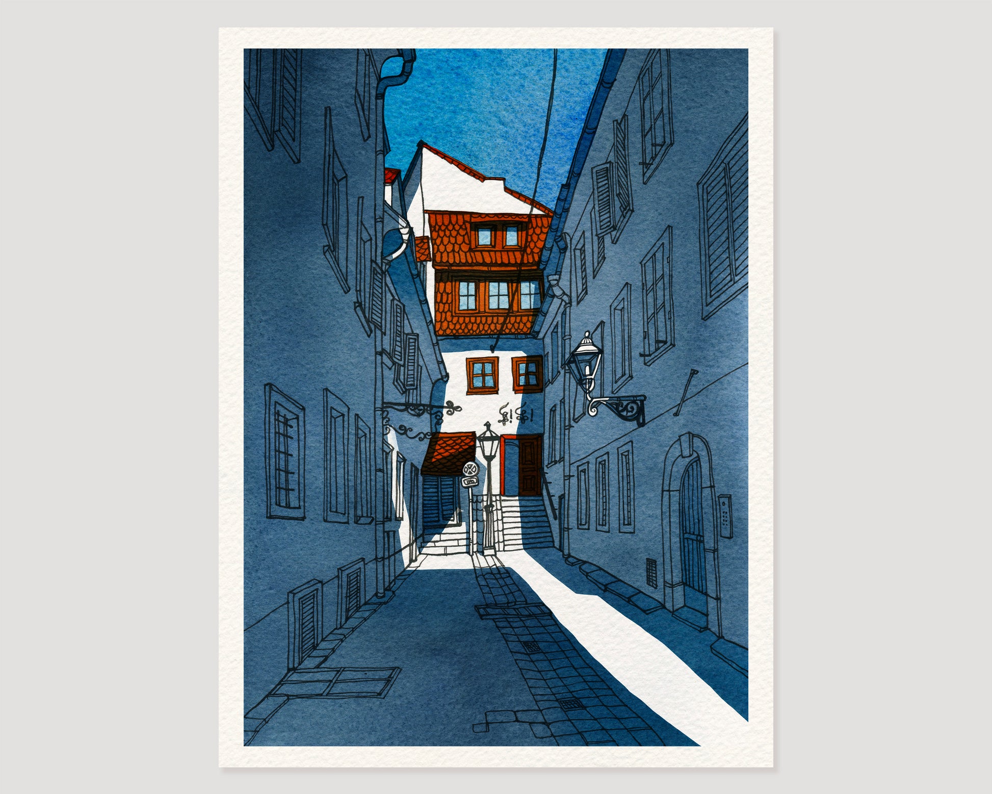 A vertical art print of a watercolor and ink artwork, featuring narrow courtyard alley in Sackstrasse 40 in Graz, Austria, shown against a light gray background