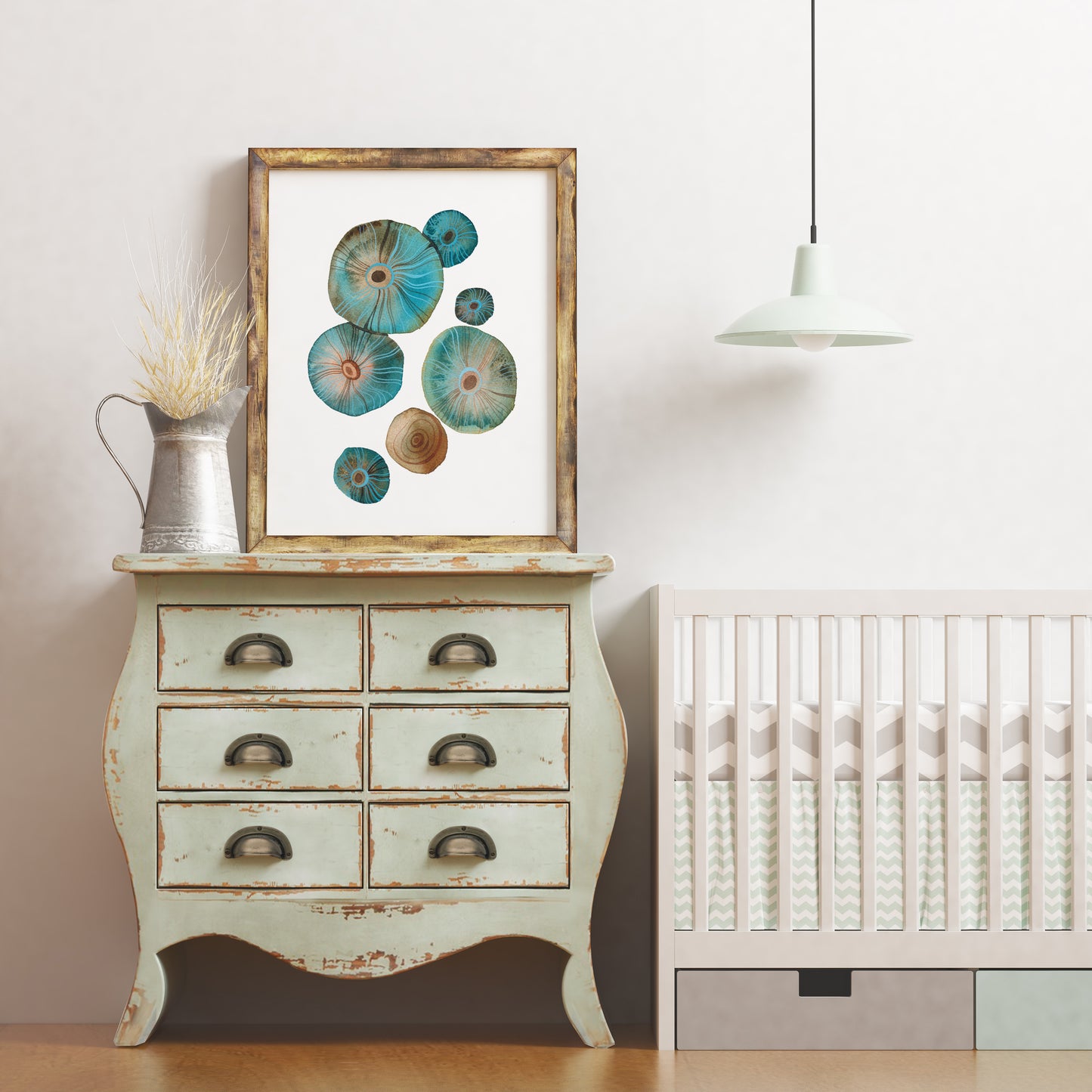A wooden-framed watercolor art print of salted saffron milk cap mushrooms (Lactarius Deliciosus)