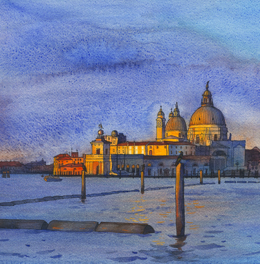 Detail view of a watercolor painting of Santa Maria della Salute in Venice at sunrise