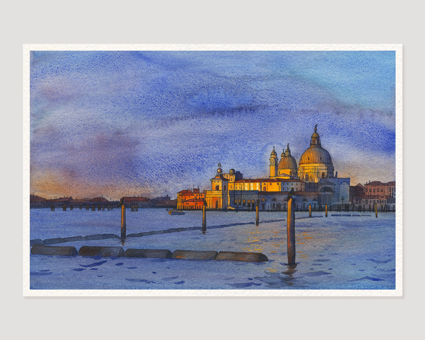 Watercolor painting of Santa Maria della Salute in Venice at sunrise
