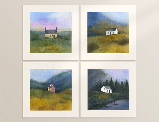 Four watercolor paintings featuring Scottish Highlands — Glencoe, the Pink House at Loch Glass (Culzie Lodge), Allt Dearg cottage on the Isle of Skye, and a remote stone croft near Applecross.