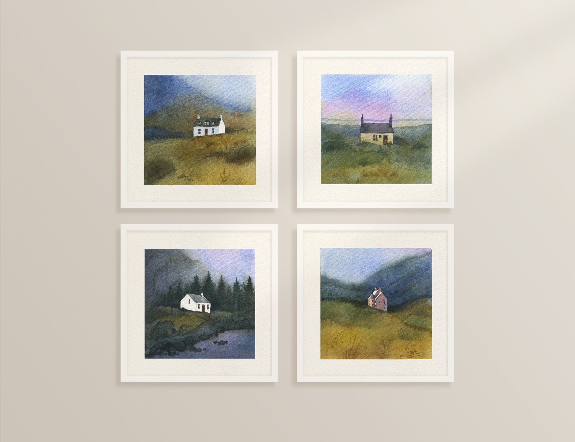 Four framed watercolor paintings featuring Scottish Highlands — Glencoe, the Pink House at Loch Glass (Culzie Lodge), Allt Dearg cottage on the Isle of Skye, and a remote stone croft near Applecross.