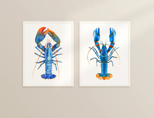Set of two framed watercolor blue lobster art prints hanging side by side on a light beige wall.