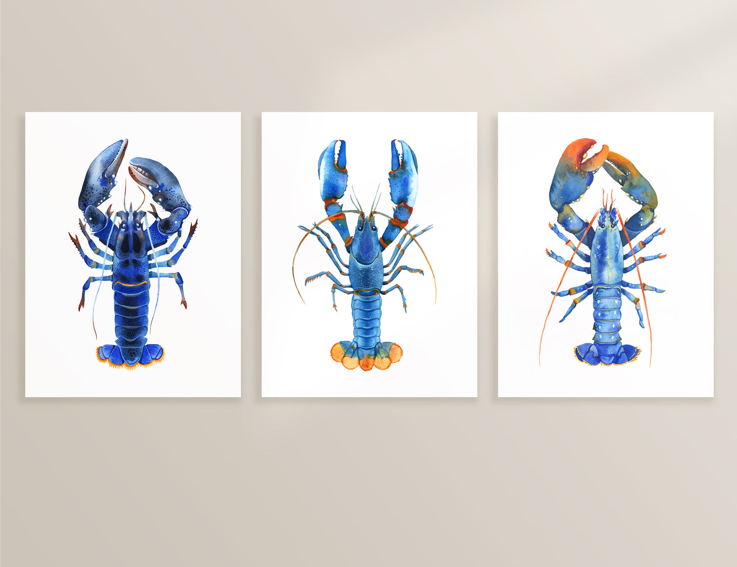 Set of three vertical art prints of watercolor lobsters in shades of blue, orange, and teal