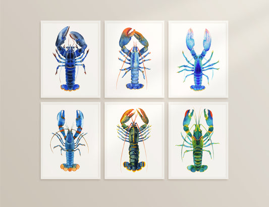 Set of six framed blue lobster watercolor art prints arranged in a 2x3 grid on a light beige wall. 