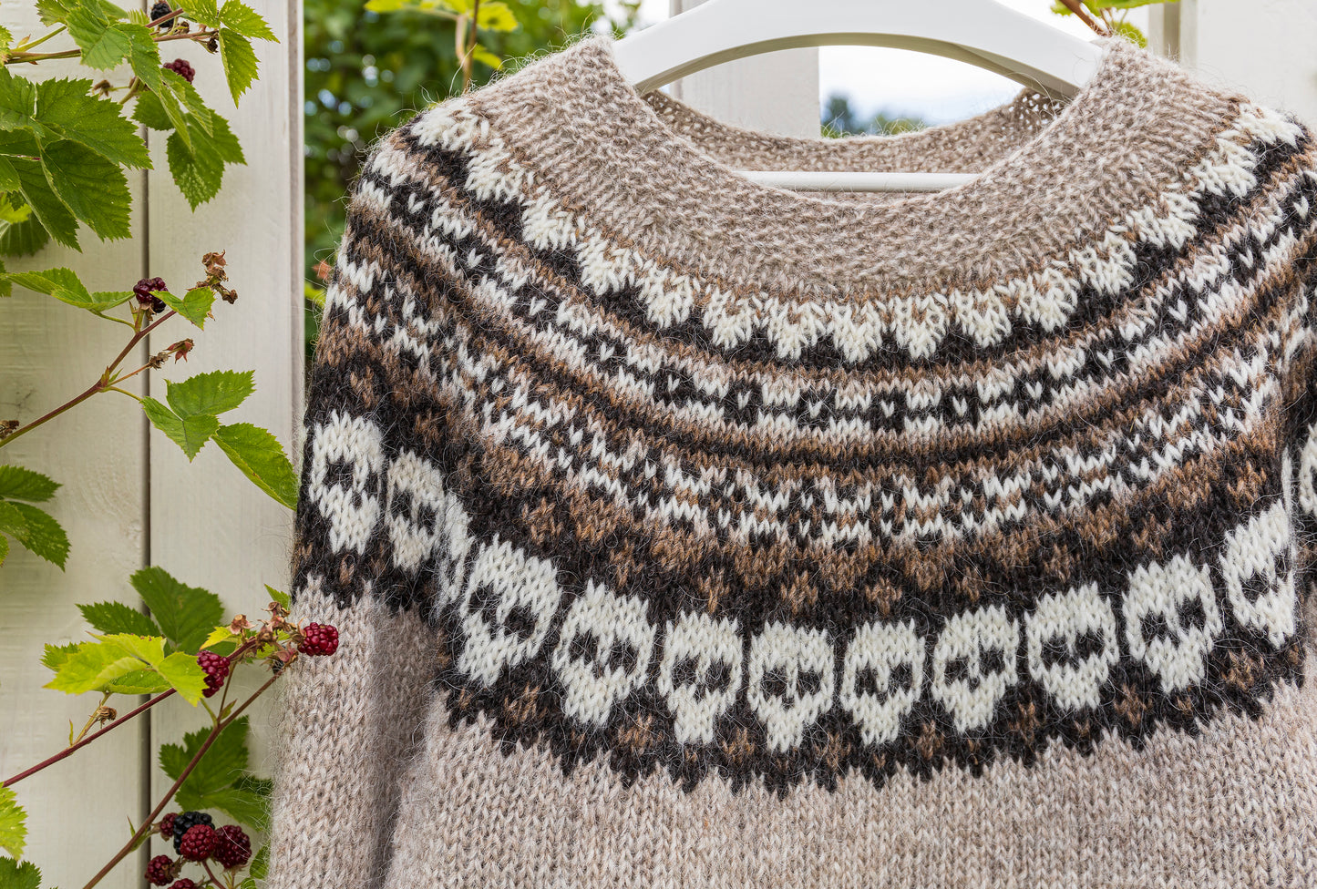 Close-up of Skull icelandic lopapeysa sweater with colorwork yoke