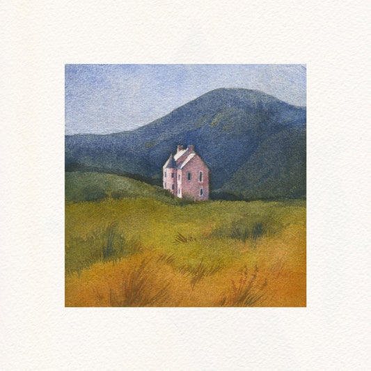 Painting of a house in a field with mountains in the background