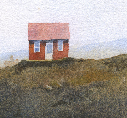 detail of a watercolor painting of a small red house on a hill