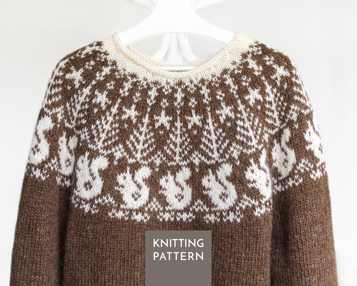A brown and cream knitted sweater with a Fair Isle pattern featuring stylized squirrel motifs, shown on a white hanger against a white background with a 'KNITTING PATTERN' label overlay.