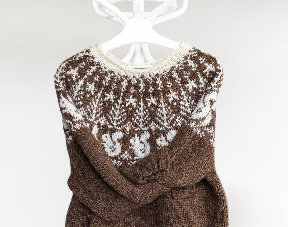 A brown and white patterned knit sweater displayed on a white hanger against a light gray background.