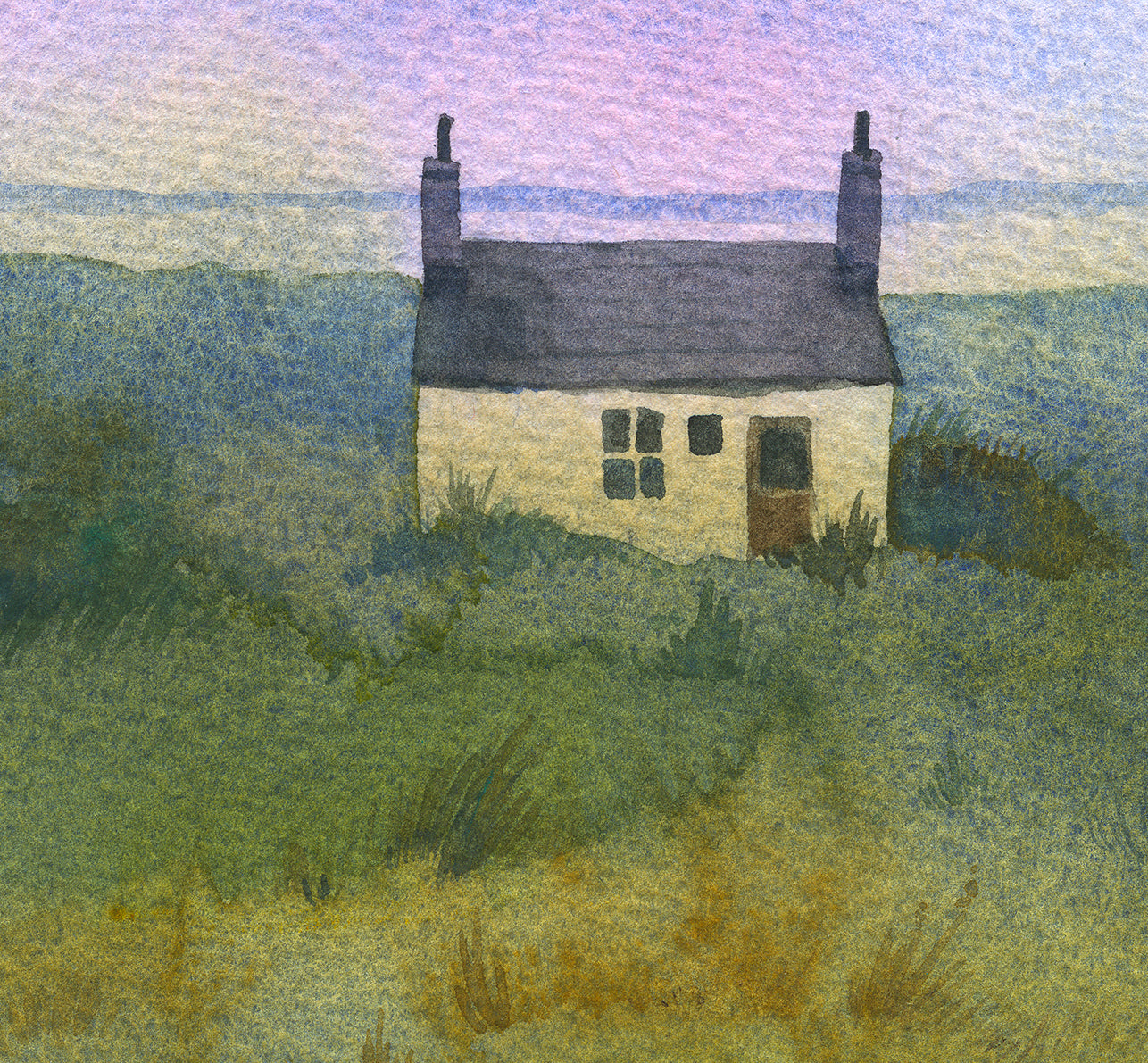 Detail of a watercolor painting featuring a small stone cottage on the Highland Coast, near Kalnakill on the Applecross peninsula, Wester Ross