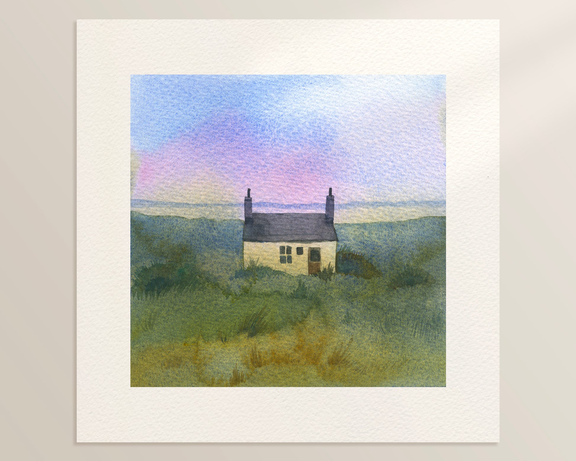 A watercolor painting featuring a small stone cottage on the Highland Coast, near Kalnakill on the Applecross peninsula, Wester Ross