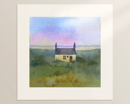 A watercolor painting featuring a small stone cottage on the Highland Coast, near Kalnakill on the Applecross peninsula, Wester Ross