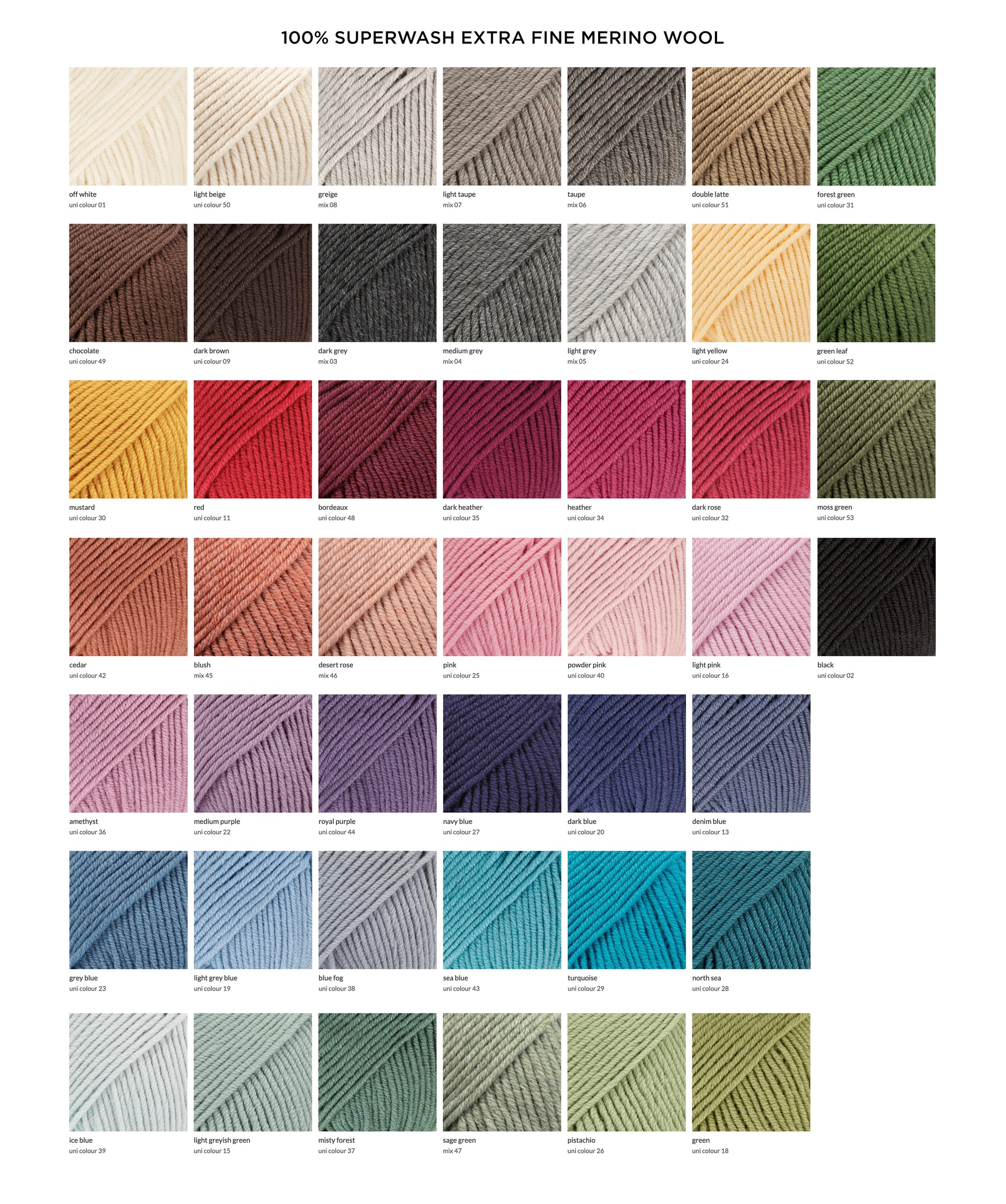 Superwash extra fine merino wool color chart