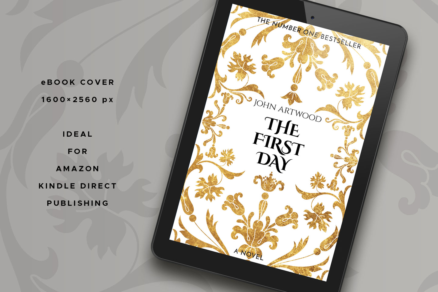 A tablet with a book cover featuring gold baroque ornament, displayed on a gray background.