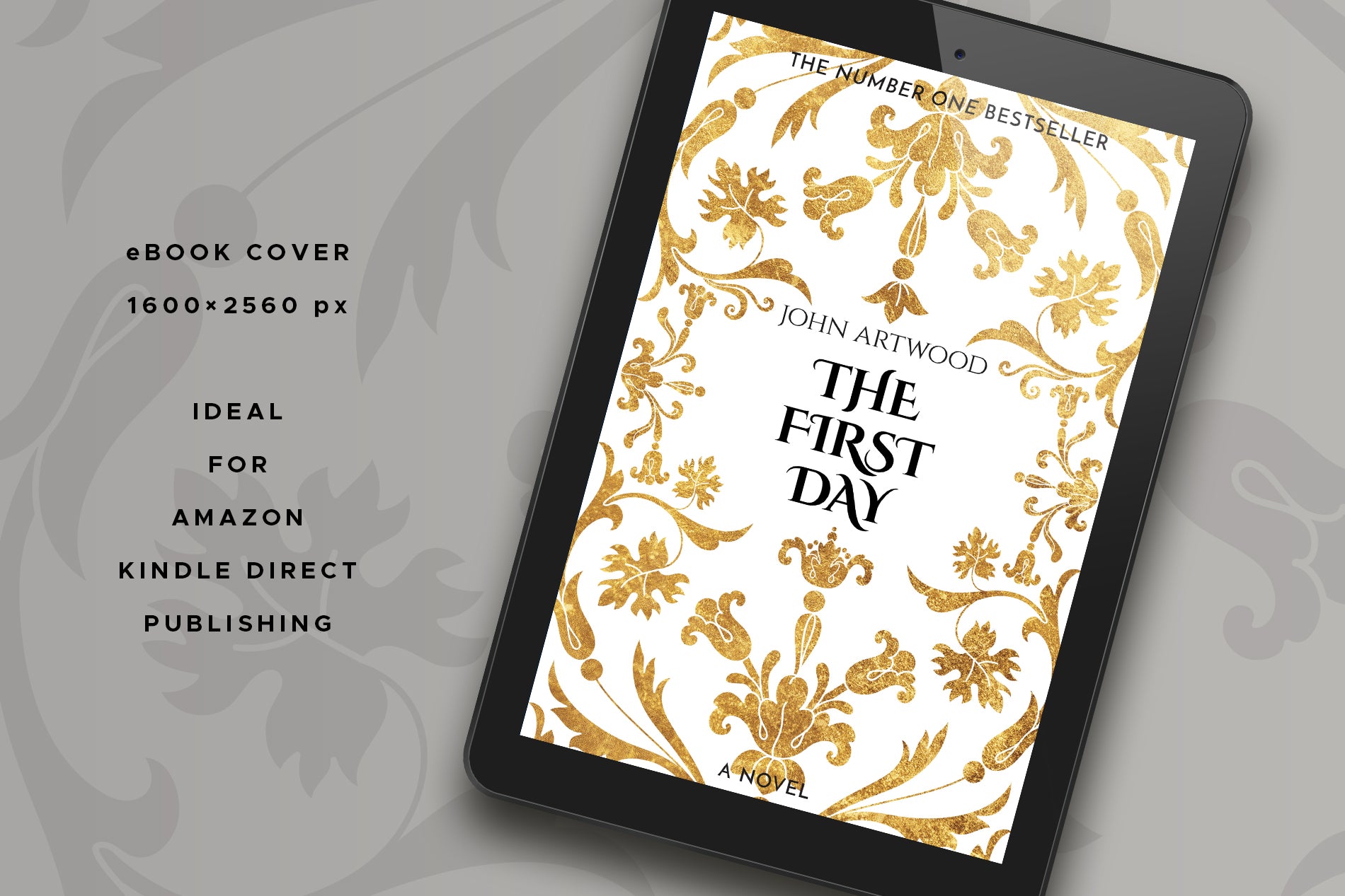 A tablet with a book cover featuring gold baroque ornament, displayed on a gray background.