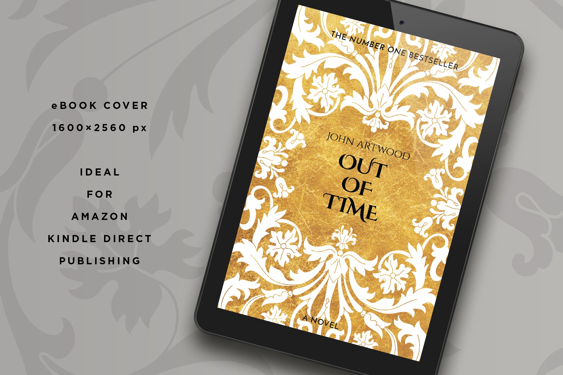 A tablet with a book cover featuring gold and white baroque ornament, displayed on a gray background.
