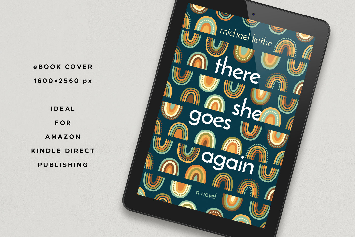 A tablet with a book cover featuring colorful rainbows ornament, displayed on a gray background.