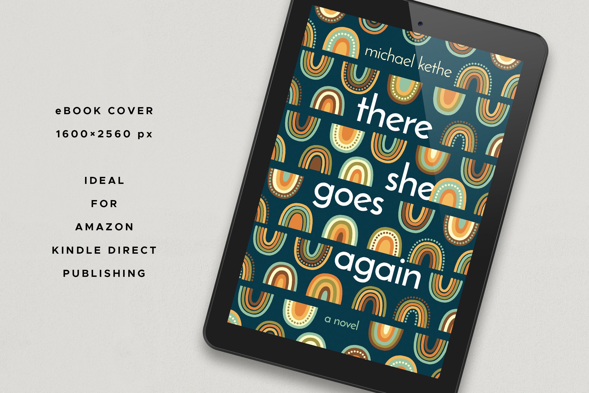 A tablet with a book cover featuring colorful rainbows ornament, displayed on a gray background.