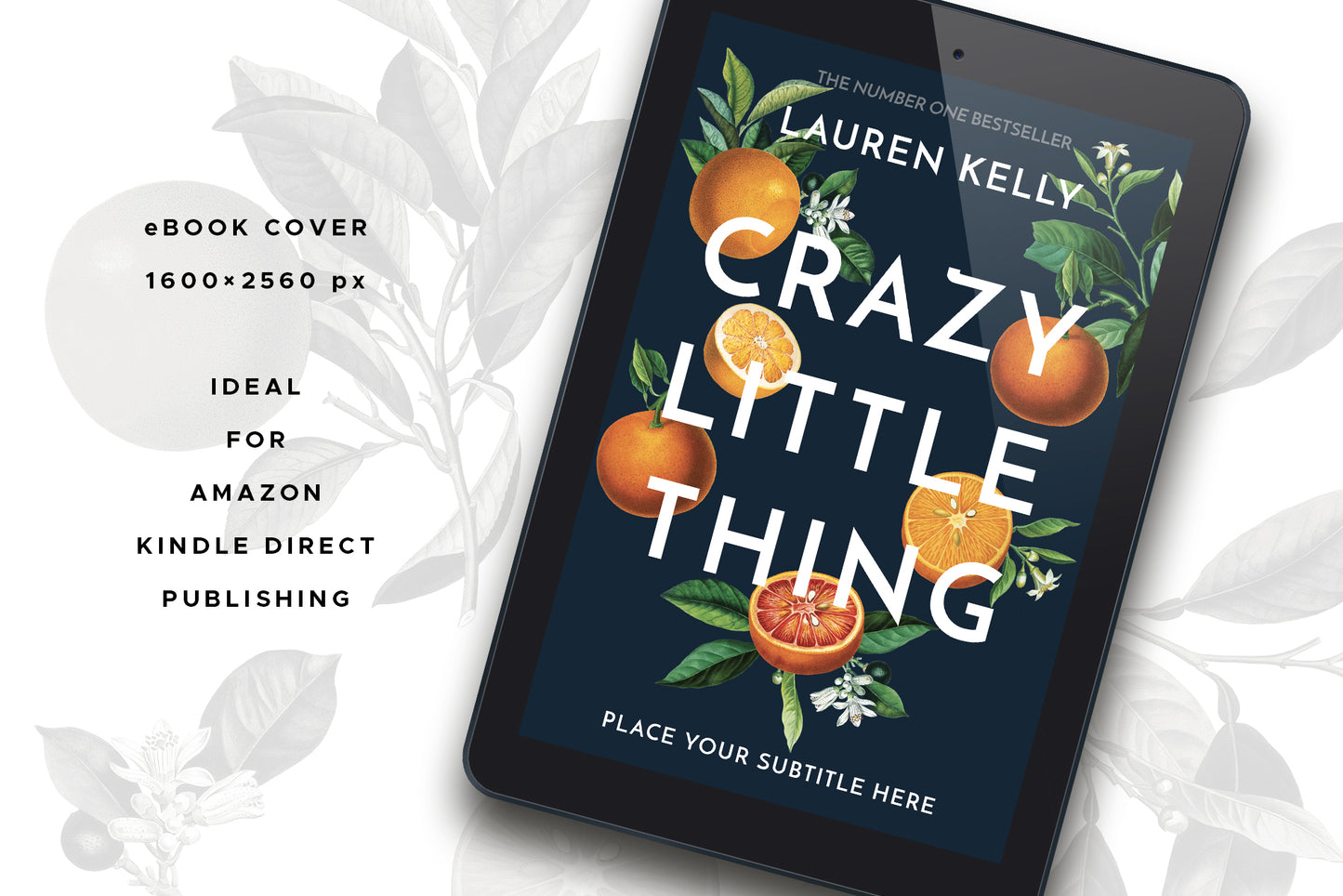 A tablet with a book cover featuring vintage botanical oranges illustrations, displayed on a gray background.