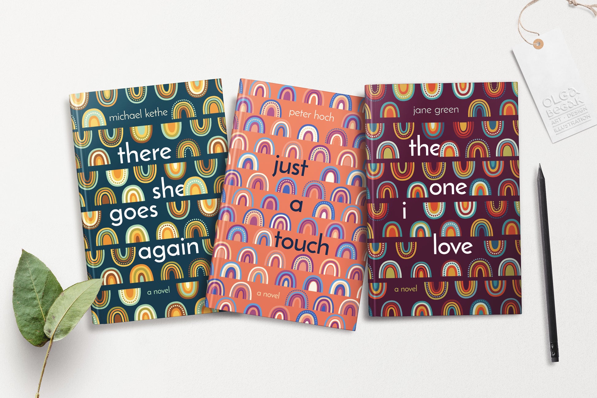 Three book cover design with the same rainbow ornaments in different color schemes