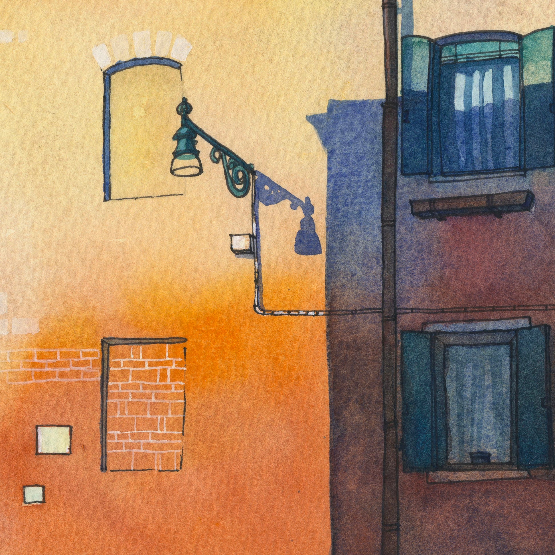Detail view of the street lamp on a Venice canal street watercolor and ink artwork