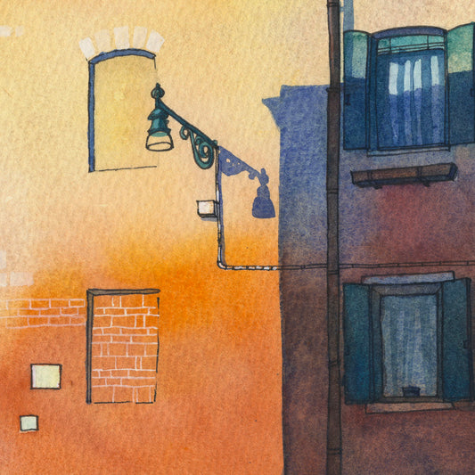 Detail view of the street lamp on a Venice canal street watercolor and ink artwork