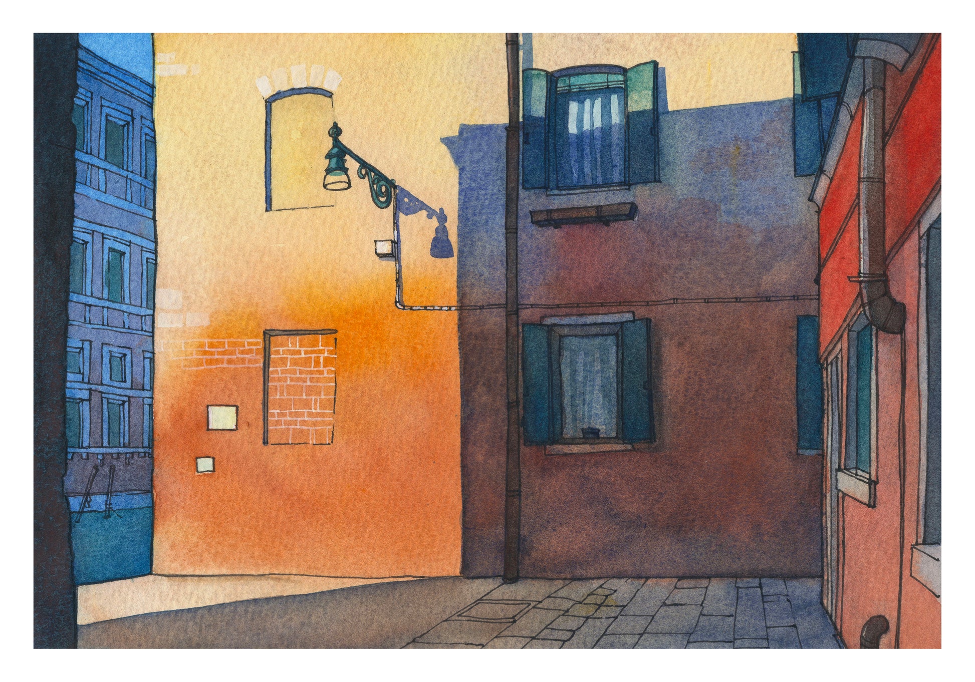 Venice canal street watercolor and ink artwork