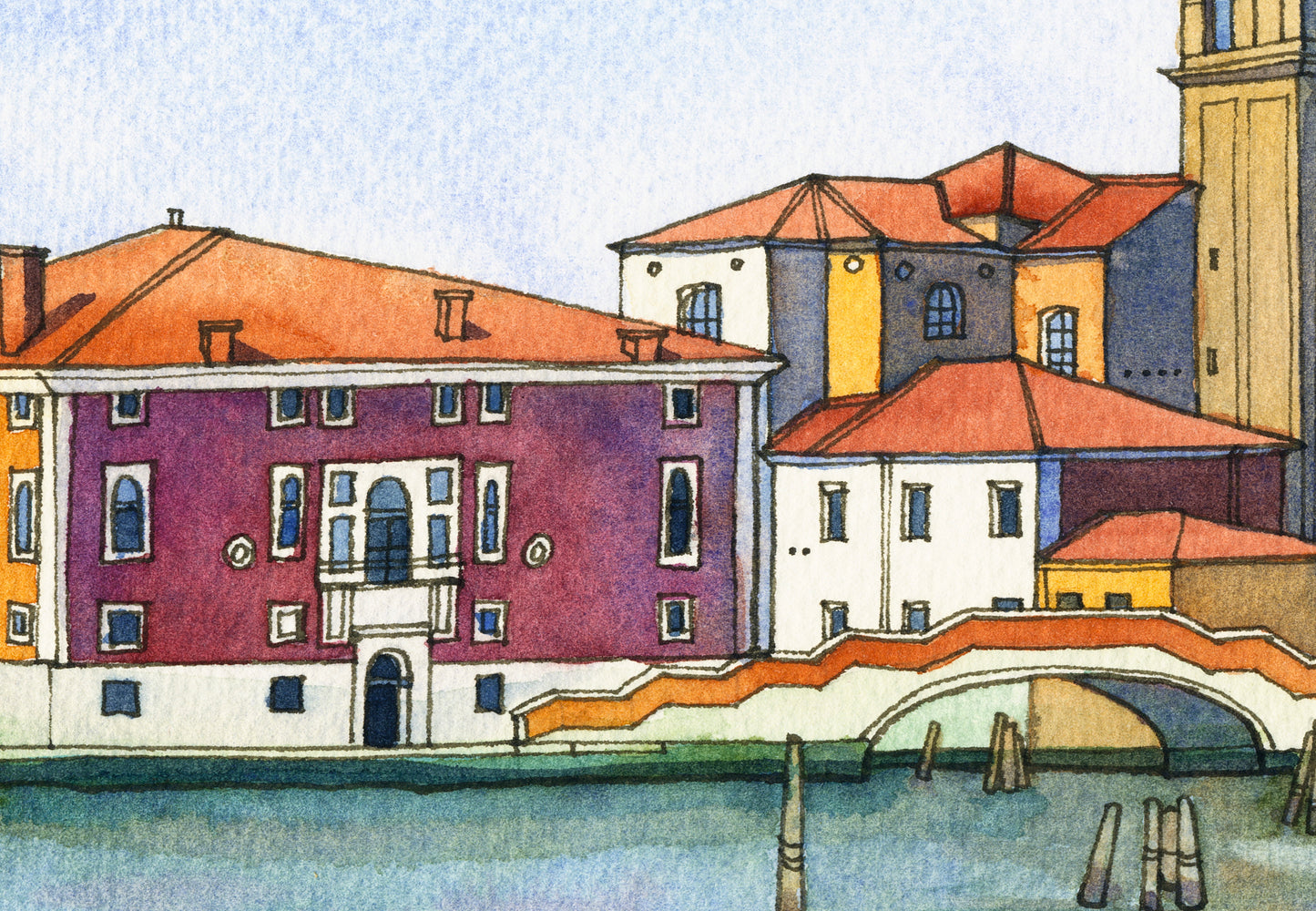 Detail of Venetian Fondamenta Nova watercolor and ink artwork