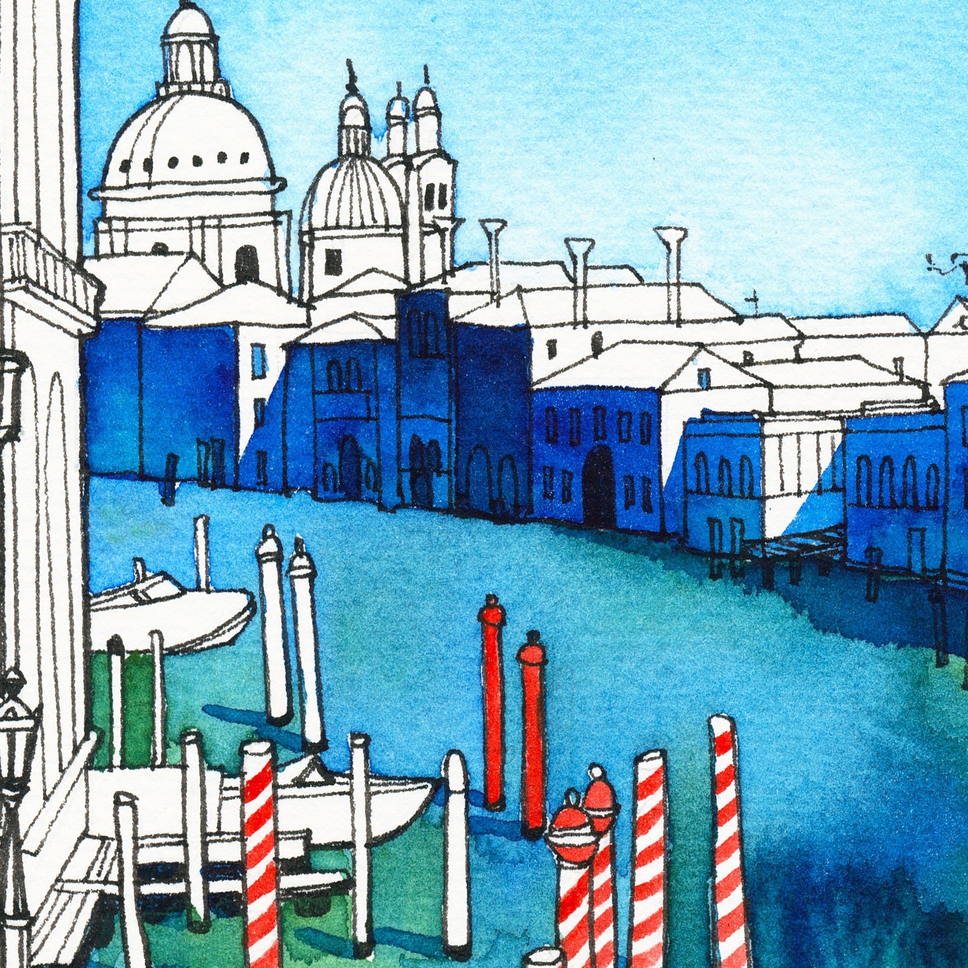 Detail view of watercolor and ink artwork of Venetian Grand canal viewed from the Accademia Bridge