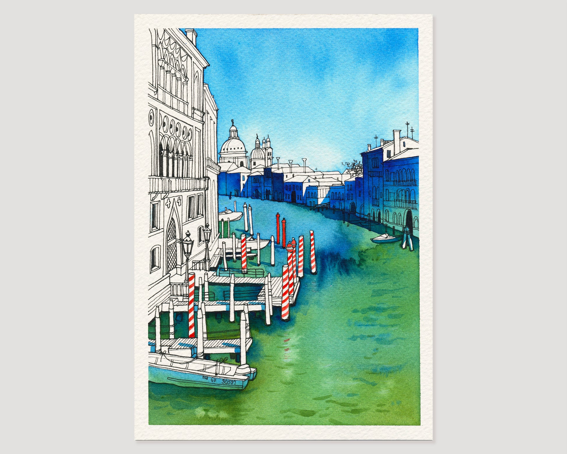 A watercolor and ink art print depicting Venetian Grand canal viewed from the Accademia Bridge, featuring green water, blue sky, and white architectural details.