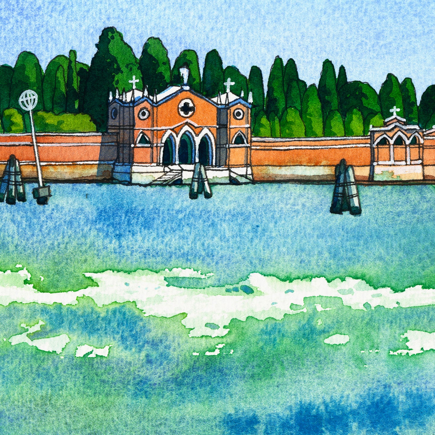Detail view of a watercolor and ink artwork of historic San Michele island in the Venetian Lagoon