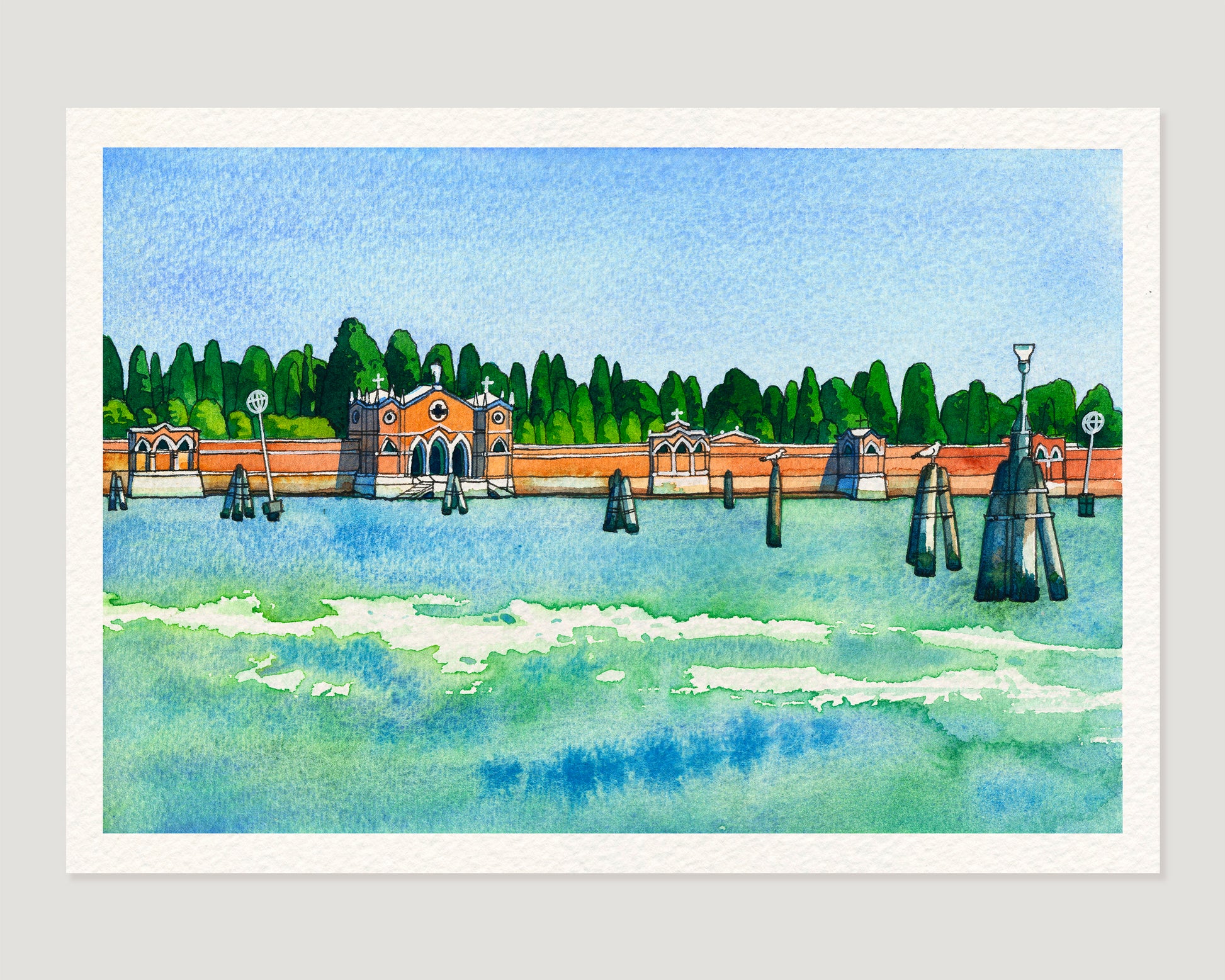 A watercolor and ink artwork featuring the historic San Michele island in the Venetian Lagoon.