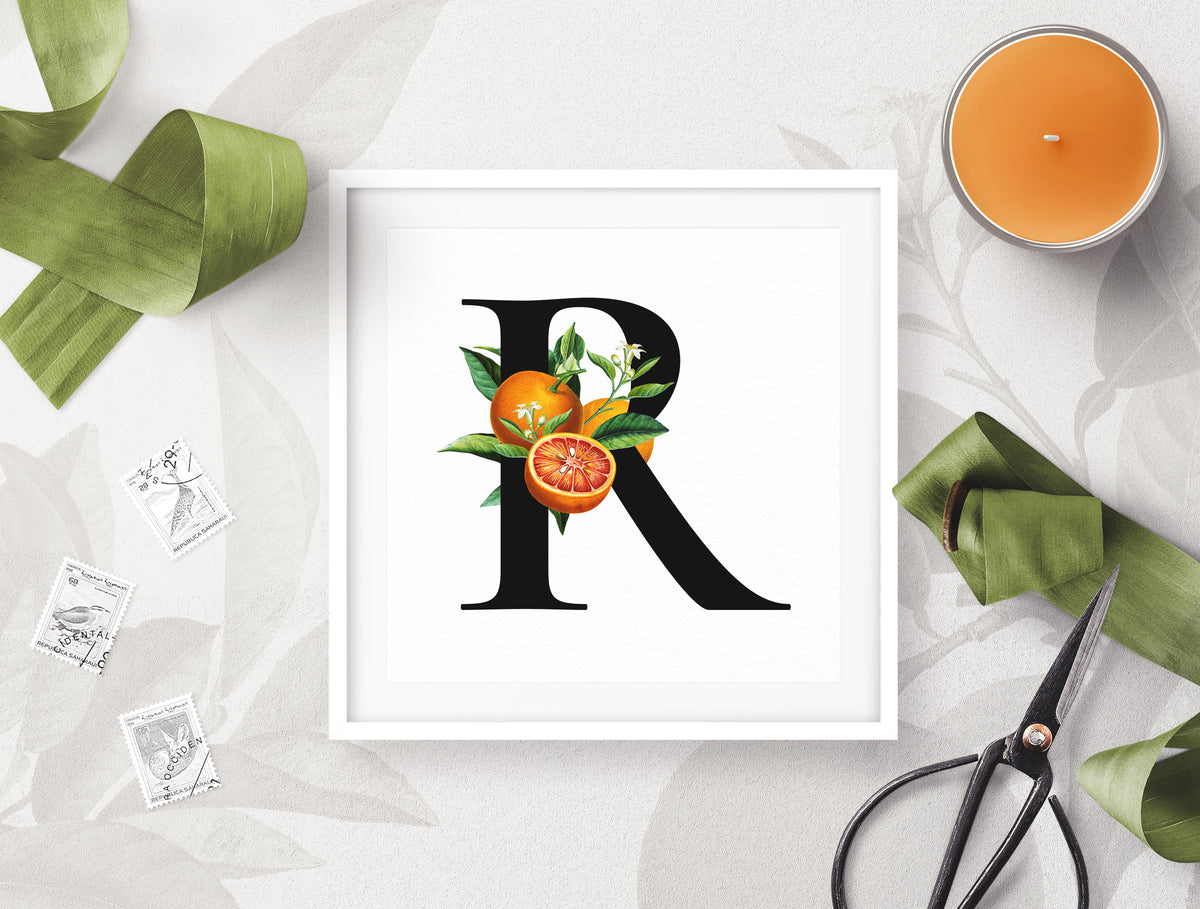 Letter R decorated with vintage oranges images