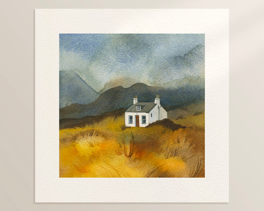 A watercolor painting of a small white Allt Dearg cottage in a golden field with dark mountains and a cloudy blue-gray sky in Scottish Highlands, Scotland